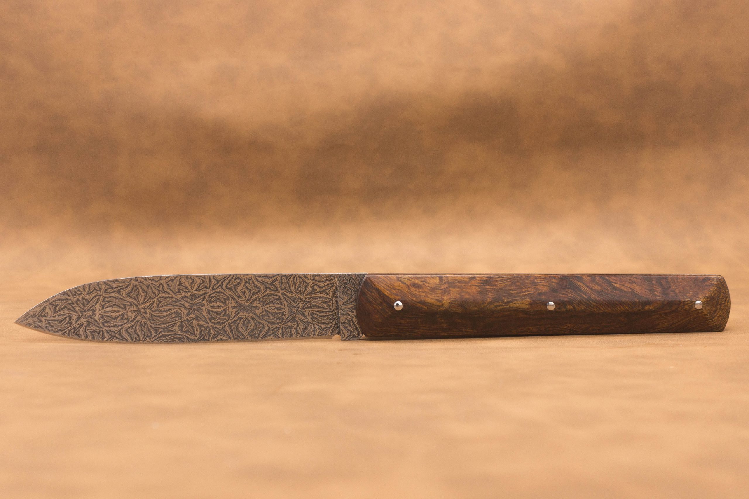 Vue générale : Couteau droit artisanal en damas mosaïque avec manche en bois de fer d'Arizona. Lame : Lame en damas carbone mosaïque forgée artisanalement. Manche : Manche en bois de fer d'Arizona sur couteau artisanal français. Dos : Dos poli d'un couteau à cran forcé fabriqué à la main. Étui : Étui en véritable cuir noir livré avec le couteau artisanal joel alexanian couteau d'art collection damas maison var