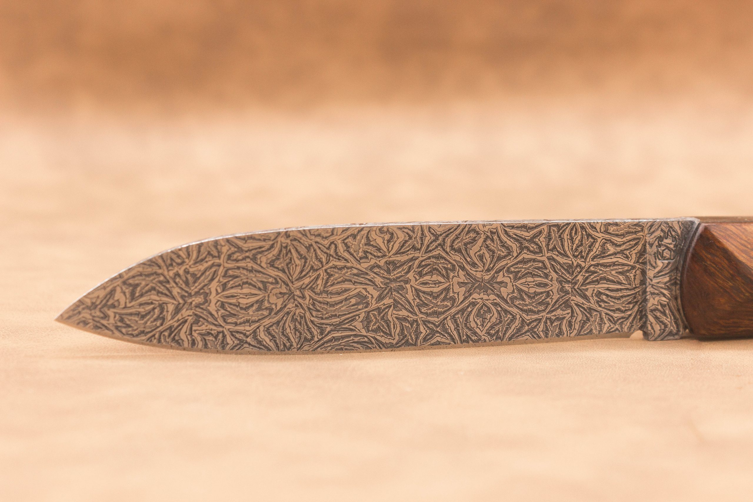 Vue générale : Couteau droit artisanal en damas mosaïque avec manche en bois de fer d'Arizona. Lame : Lame en damas carbone mosaïque forgée artisanalement. Manche : Manche en bois de fer d'Arizona sur couteau artisanal français. Dos : Dos poli d'un couteau à cran forcé fabriqué à la main. Étui : Étui en véritable cuir noir livré avec le couteau artisanal joel alexanian couteau d'art collection damas maison var