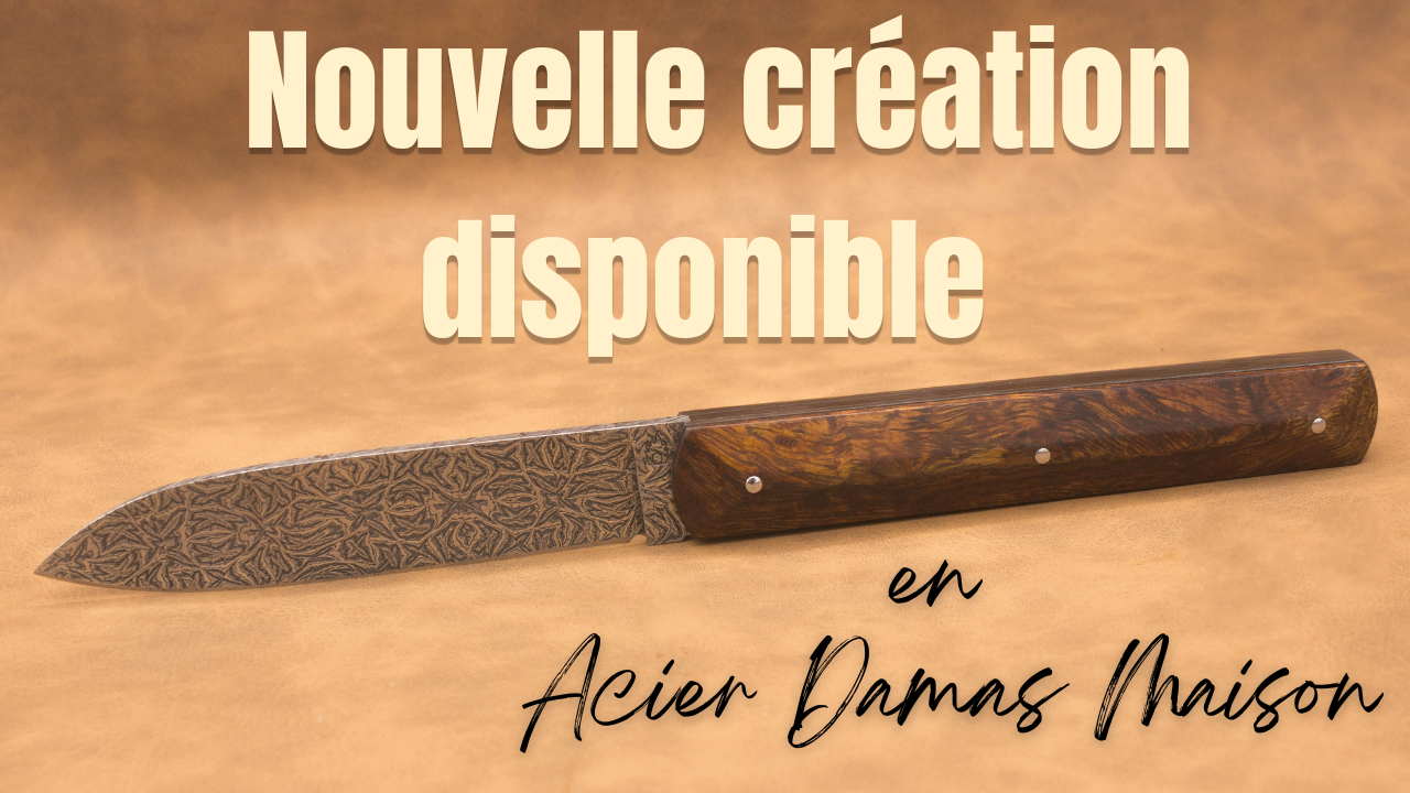 Vue générale : Couteau droit artisanal en damas mosaïque avec manche en bois de fer d'Arizona. Lame : Lame en damas carbone mosaïque forgée artisanalement. Manche : Manche en bois de fer d'Arizona sur couteau artisanal français. Dos : Dos poli d'un couteau à cran forcé fabriqué à la main. Étui : Étui en véritable cuir noir livré avec le couteau artisanal joel alexanian couteau d'art collection damas maison var